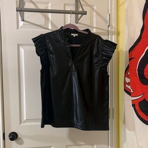 Jodifl Sleeveless Faux Leather Ruffle-Shoulder Top - Black